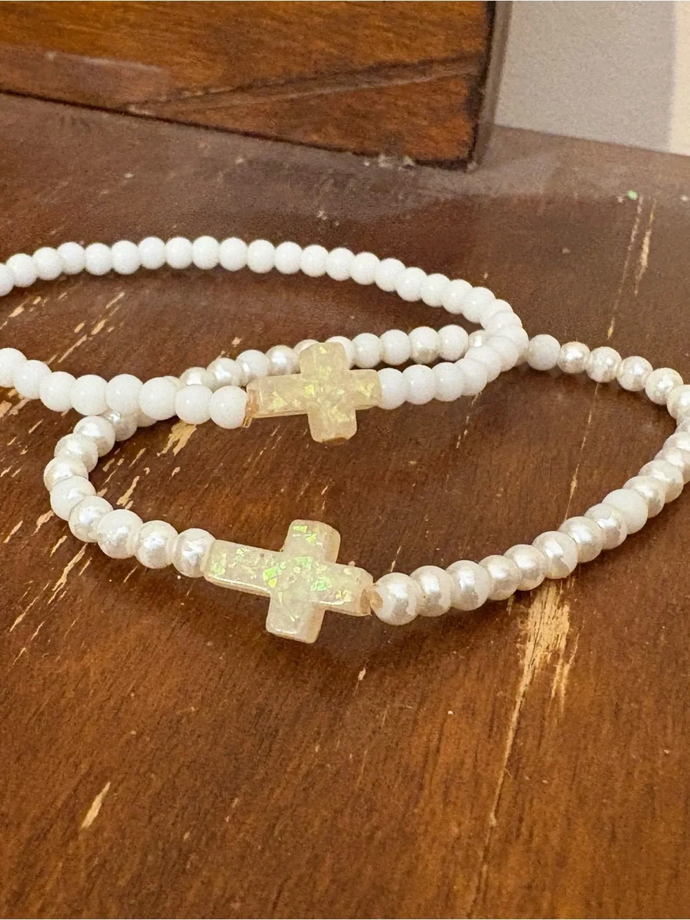 Two White Cross Beaded Stretch Bracelets -Women Jewelry Layer Friendship